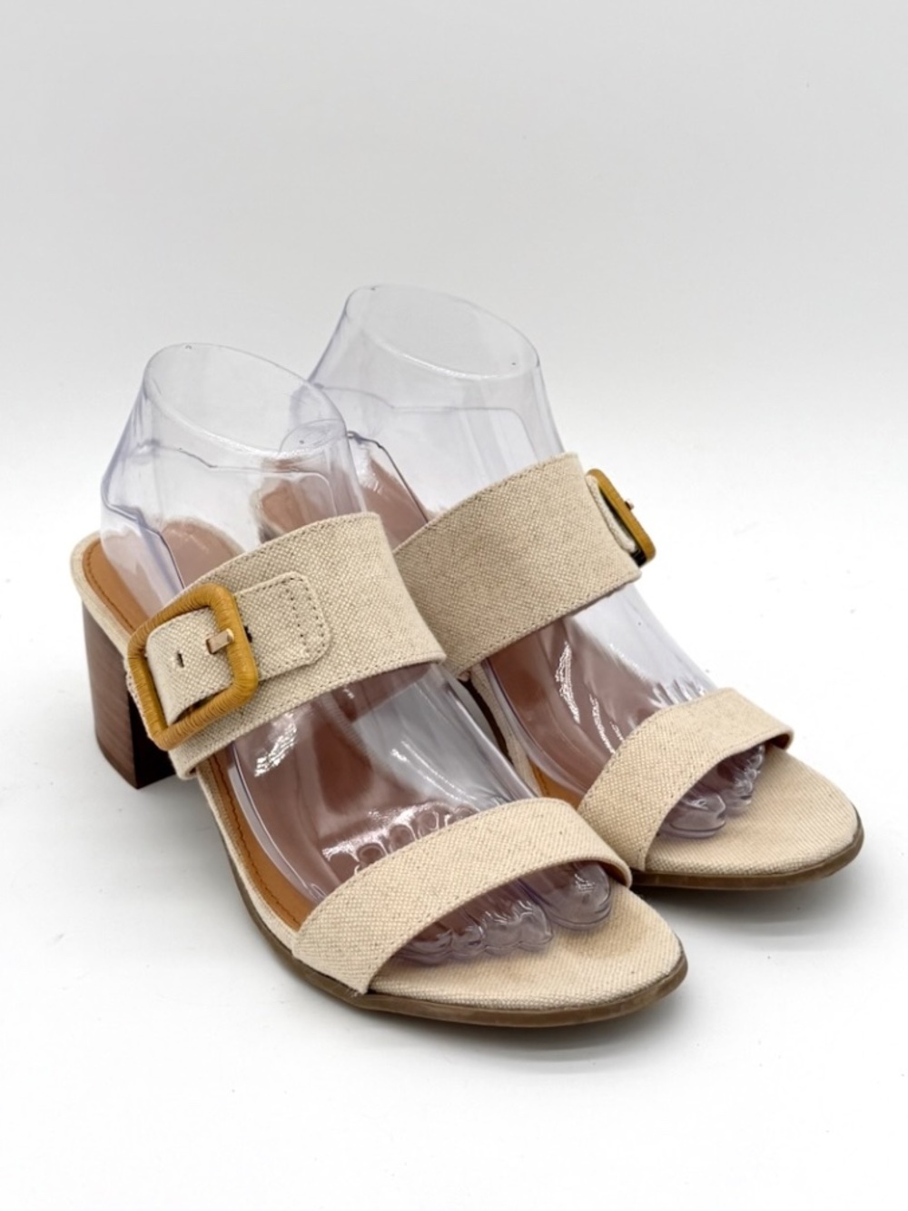 Tommy Bahama Trista Womens Size 8.5M Linen Canvas Block Heel Slide Sandals Beige